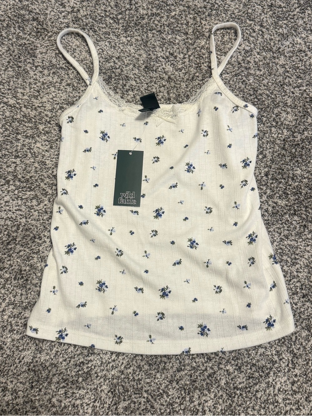 wild fable White Floral Lace-Trim Cami with Blue Print, S, NWT